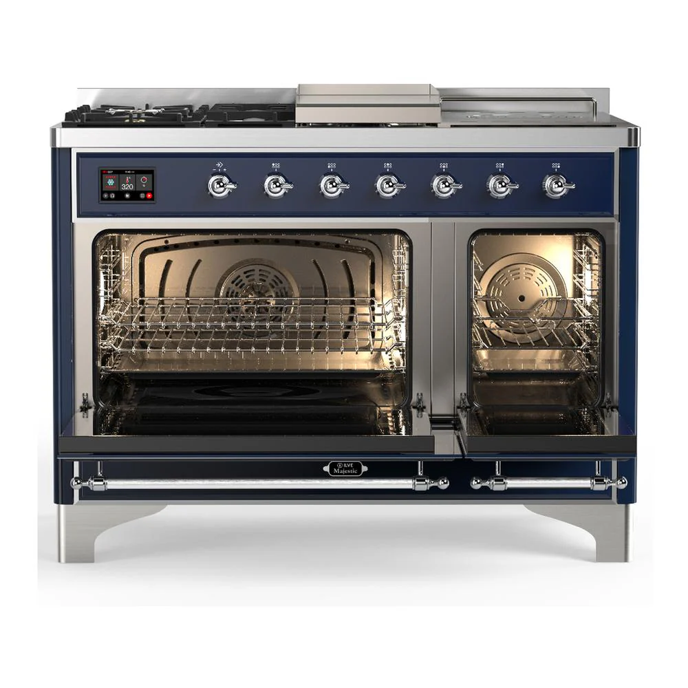 Ilve UM48FSQNR3MBC Ilve Um48Fsqnr3Mbc Majestic Iii 48 Inch Dual Fuel Range With 5 Black Brass Burners, Griddle And French Top, Dual Function Burner Up To 25,000 Btu (Natural Gas, Solid Door, Midnight Blue, Chrome) - Image 2