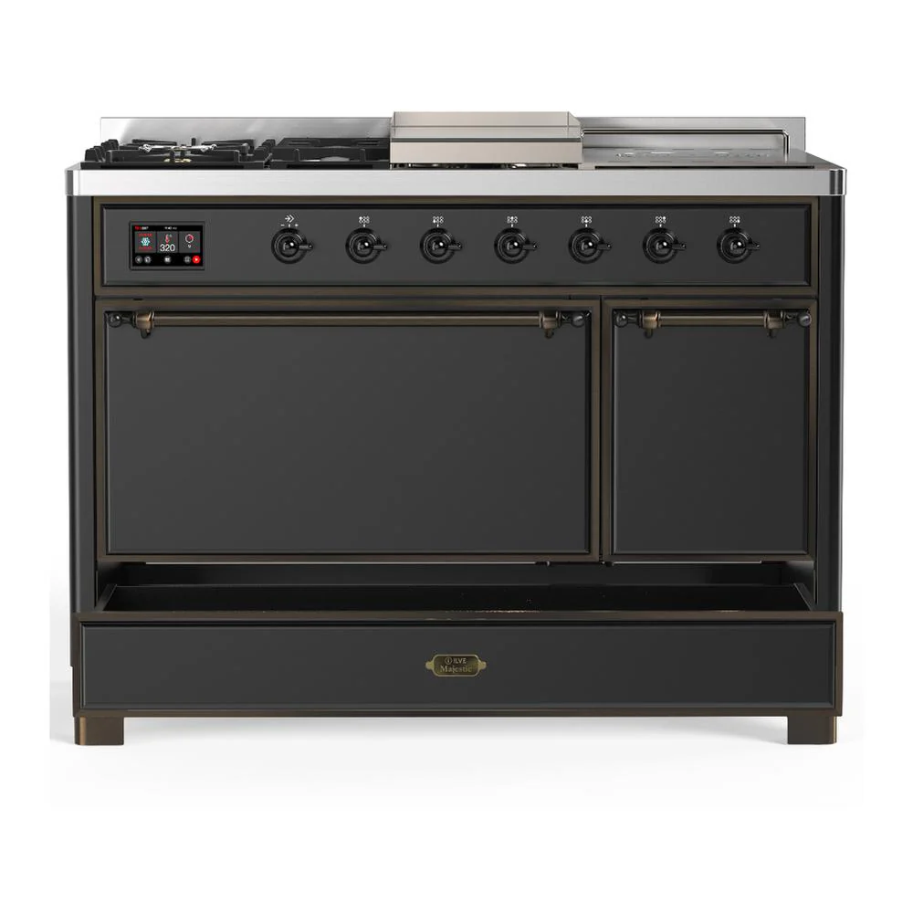 Ilve UM48FSQNR3MGBLP Ilve Um48Fsqnr3Mgblp Majestic Iii 48 Inch Dual Fuel Range With 5 Black Brass Burners, Griddle And French Top, Dual Function Burner Up To 25,000 Btu (Liquid Propane, Solid Door, Graphite Matte, Burnished) - Image 5