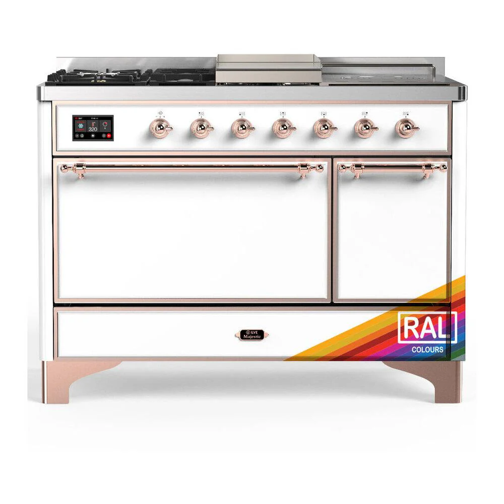 Ilve UM48FSQNR3RAPLP Ilve Um48Fsqnr3Raplp Majestic Iii 48 Inch Dual Fuel Range With 5 Black Brass Burners, Griddle And French Top, Dual Function Burner Up To 25,000 Btu (Liquid Propane, Solid Door, Ral, Copper)
