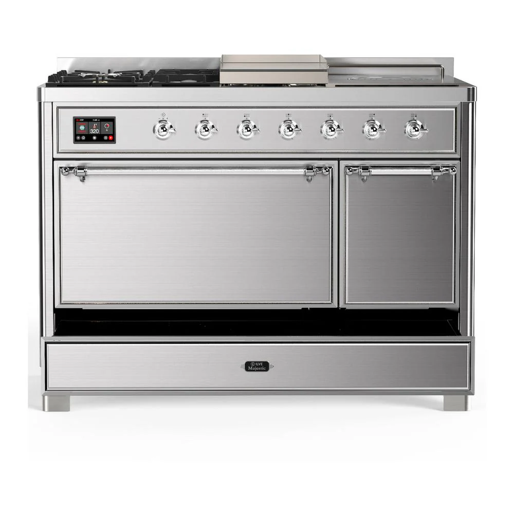 Ilve UM48FSQNR3SSCLP Ilve Um48Fsqnr3Ssclp Majestic Iii 48 Inch Dual Fuel Range With 5 Black Brass Burners, Griddle And French Top, Dual Function Burner Up To 25,000 Btu (Liquid Propane, Solid Door, Stainless Steel, Chrome) - Image 5