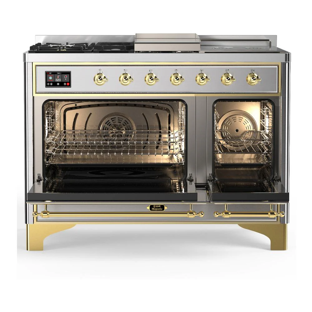 Ilve UM48FSQNR3SSGLP Ilve Um48Fsqnr3Ssglp Majestic Iii 48 Inch Dual Fuel Range With 5 Black Brass Burners, Griddle And French Top, Dual Function Burner Up To 25,000 Btu (Liquid Propane, Solid Door, Stainless Steel, Brass) - Image 2