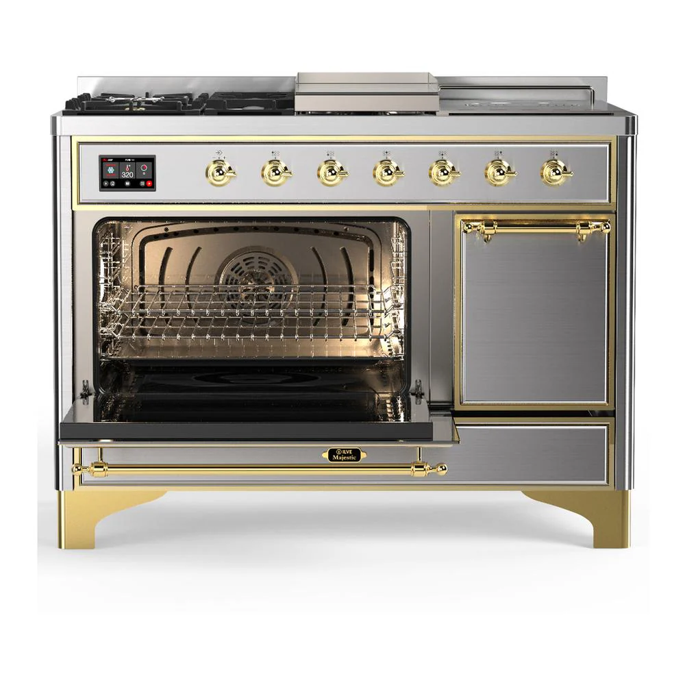 Ilve UM48FSQNR3SSGLP Ilve Um48Fsqnr3Ssglp Majestic Iii 48 Inch Dual Fuel Range With 5 Black Brass Burners, Griddle And French Top, Dual Function Burner Up To 25,000 Btu (Liquid Propane, Solid Door, Stainless Steel, Brass) - Image 3