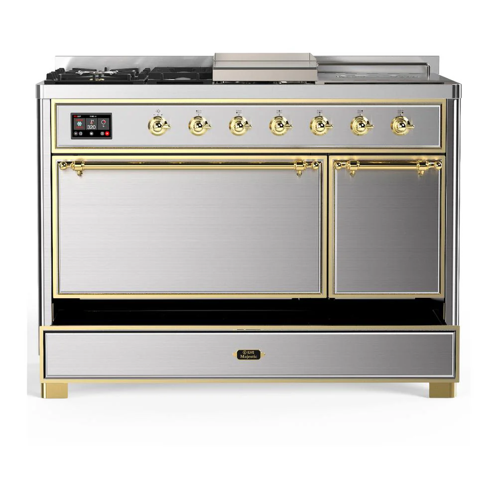 Ilve UM48FSQNR3SSGLP Ilve Um48Fsqnr3Ssglp Majestic Iii 48 Inch Dual Fuel Range With 5 Black Brass Burners, Griddle And French Top, Dual Function Burner Up To 25,000 Btu (Liquid Propane, Solid Door, Stainless Steel, Brass) - Image 5