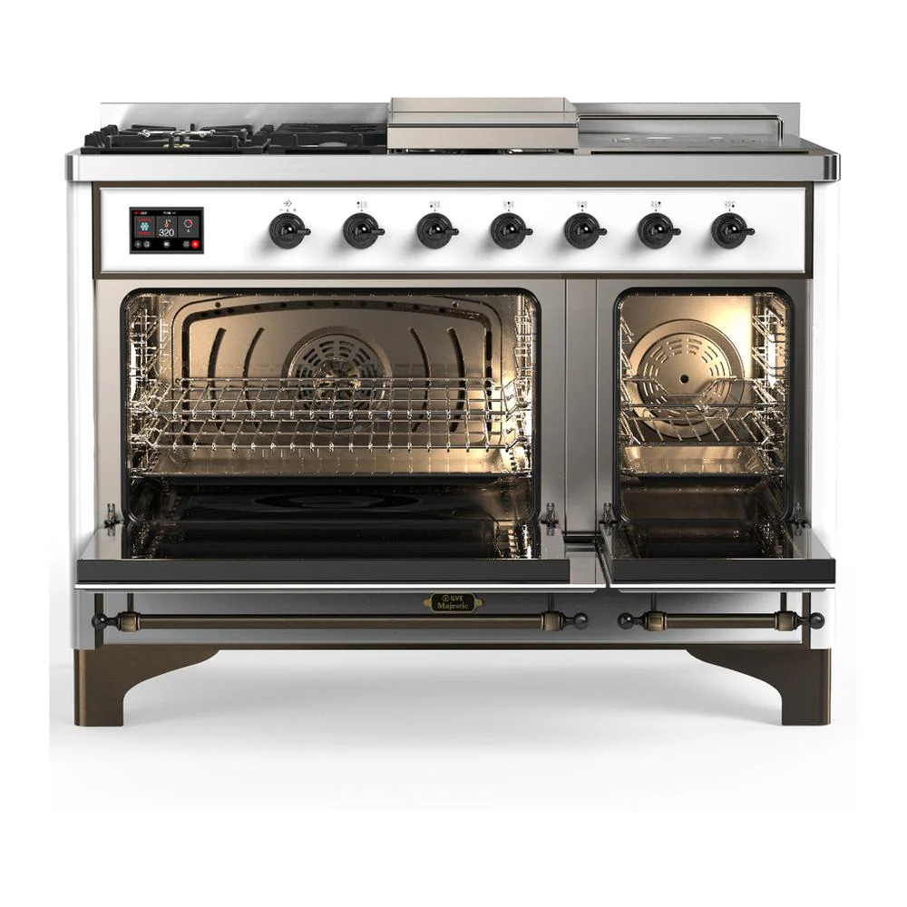 Ilve UM48FSQNR3WHB Ilve Um48Fsqnr3Whb Majestic Iii 48 Inch Dual Fuel Range With 5 Black Brass Burners, Griddle And French Top, Dual Function Burner Up To 25,000 Btu (Natural Gas, Solid Door, White, Burnished) - Image 2