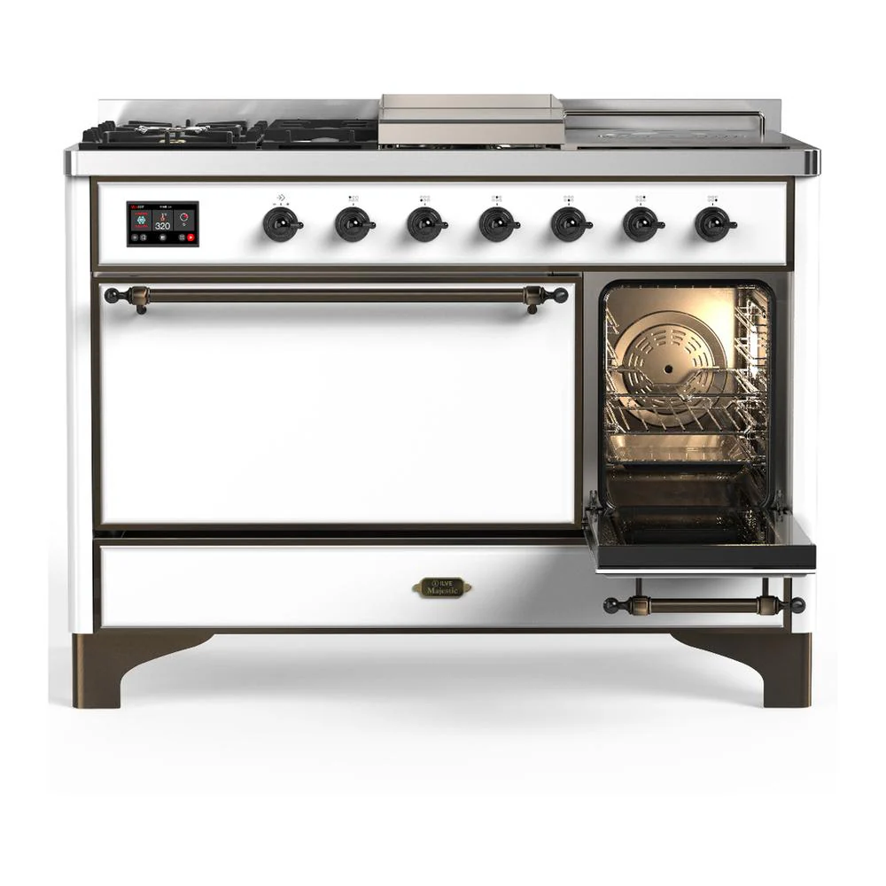 Ilve UM48FSQNR3WHB Ilve Um48Fsqnr3Whb Majestic Iii 48 Inch Dual Fuel Range With 5 Black Brass Burners, Griddle And French Top, Dual Function Burner Up To 25,000 Btu (Natural Gas, Solid Door, White, Burnished) - Image 4