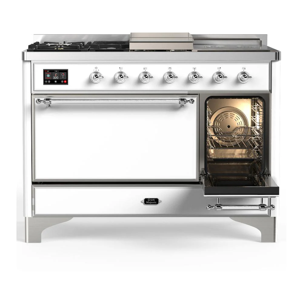 Ilve UM48FSQNR3WHC Ilve Um48Fsqnr3Whc Majestic Iii 48 Inch Dual Fuel Range With 5 Black Brass Burners, Griddle And French Top, Dual Function Burner Up To 25,000 Btu (Natural Gas, Solid Door, White, Chrome) - Image 4