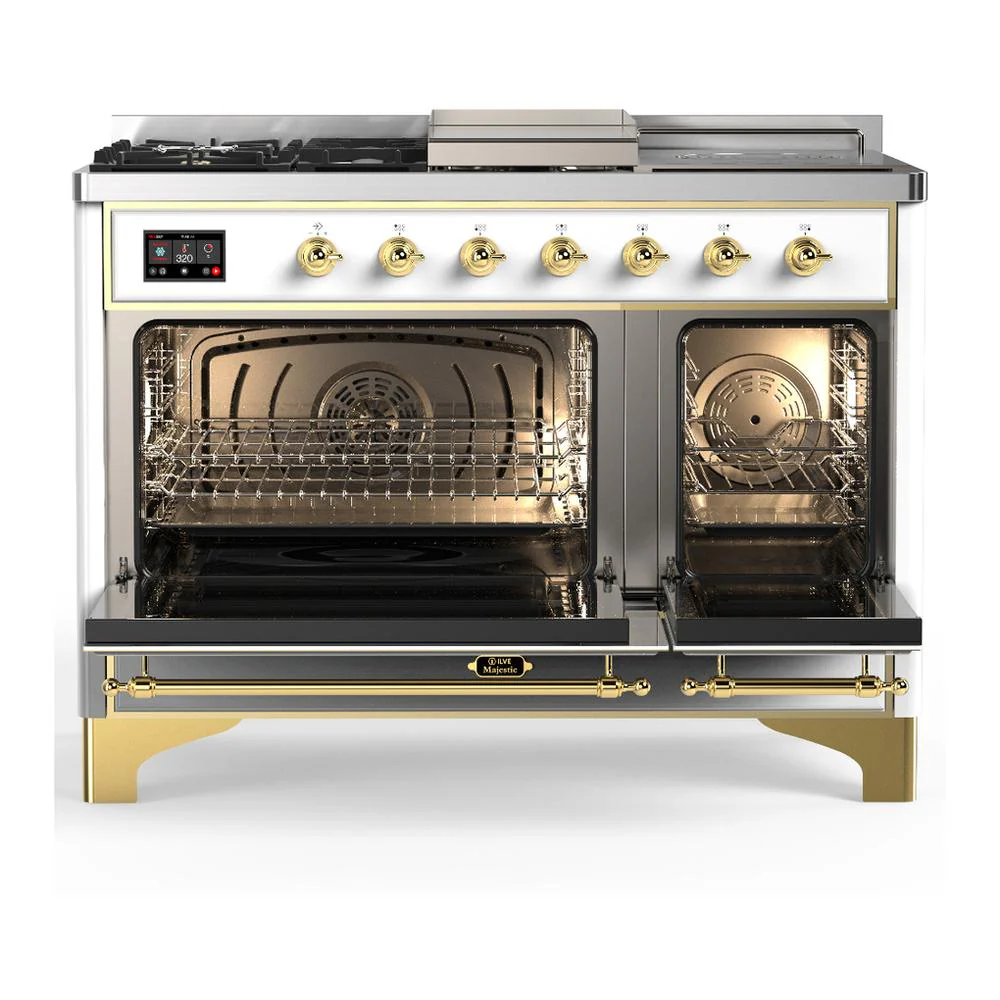 Ilve UM48FSQNR3WHGLP Ilve Um48Fsqnr3Whglp Majestic Iii 48 Inch Dual Fuel Range With 5 Black Brass Burners, Griddle And French Top, Dual Function Burner Up To 25,000 Btu (Liquid Propane, Solid Door, White, Brass) - Image 2