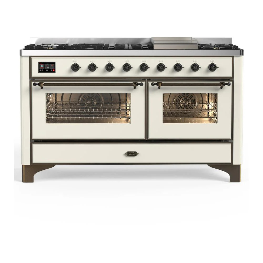Ilve UM60FNR3AWBLP Ilve Um60Fnr3Awblp Majestic Iii 60 Inch Dual Fuel Range With 9 Burners And Griddle, Dual Function Burner Up To 25,000 Btu (Liquid Propane, Triple Glass Door, Antique White, Burnished)