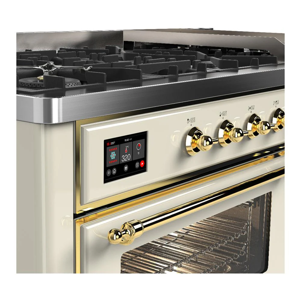 Ilve UM60FNR3AWGLP Ilve Um60Fnr3Awglp Majestic Iii 60 Inch Dual Fuel Range With 9 Burners And Griddle, Dual Function Burner Up To 25,000 Btu (Liquid Propane, Triple Glass Door, Antique White, Brass) - Image 7