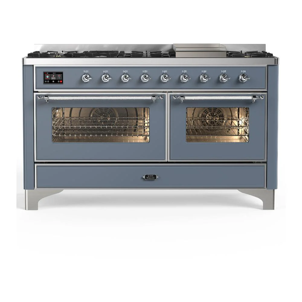 Ilve UM60FNR3BGCLP Ilve Um60Fnr3Bgclp Majestic Iii 60 Inch Dual Fuel Range With 9 Burners And Griddle, Dual Function Burner Up To 25,000 Btu (Liquid Propane, Triple Glass Door, Blue Grey, Chrome)