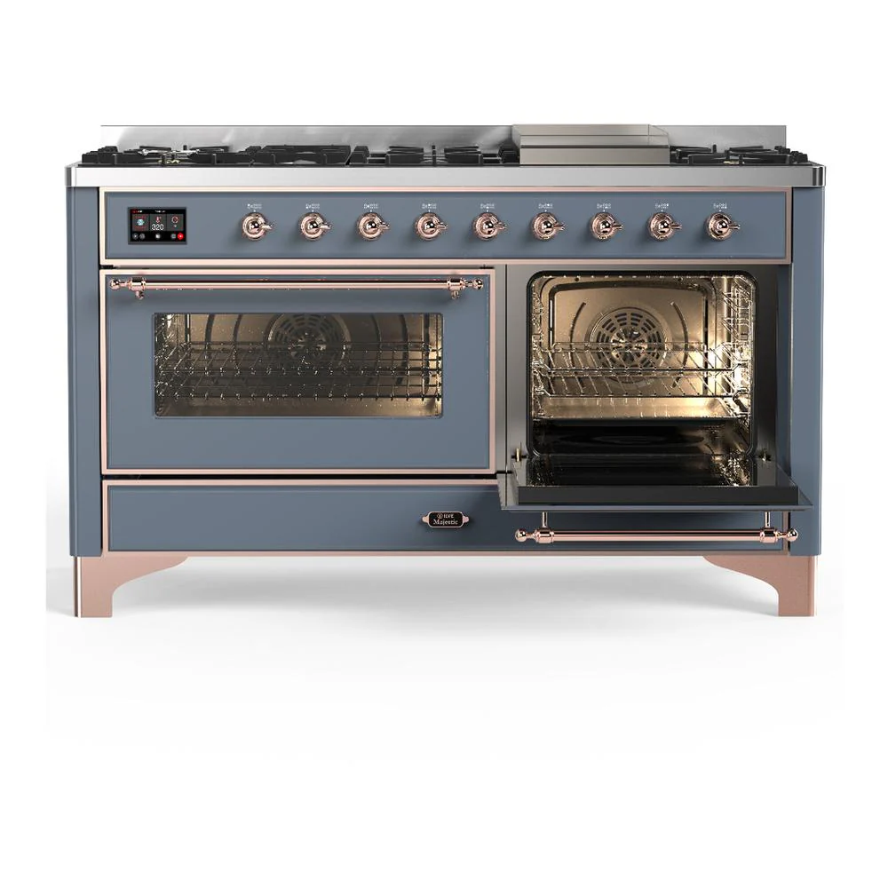 Ilve UM60FNR3BGP Ilve Um60Fnr3Bgp Majestic Iii 60 Inch Dual Fuel Range With 9 Burners And Griddle, Dual Function Burner Up To 25,000 Btu (Natural Gas, Triple Glass Door, Blue Grey, Copper) - Image 4