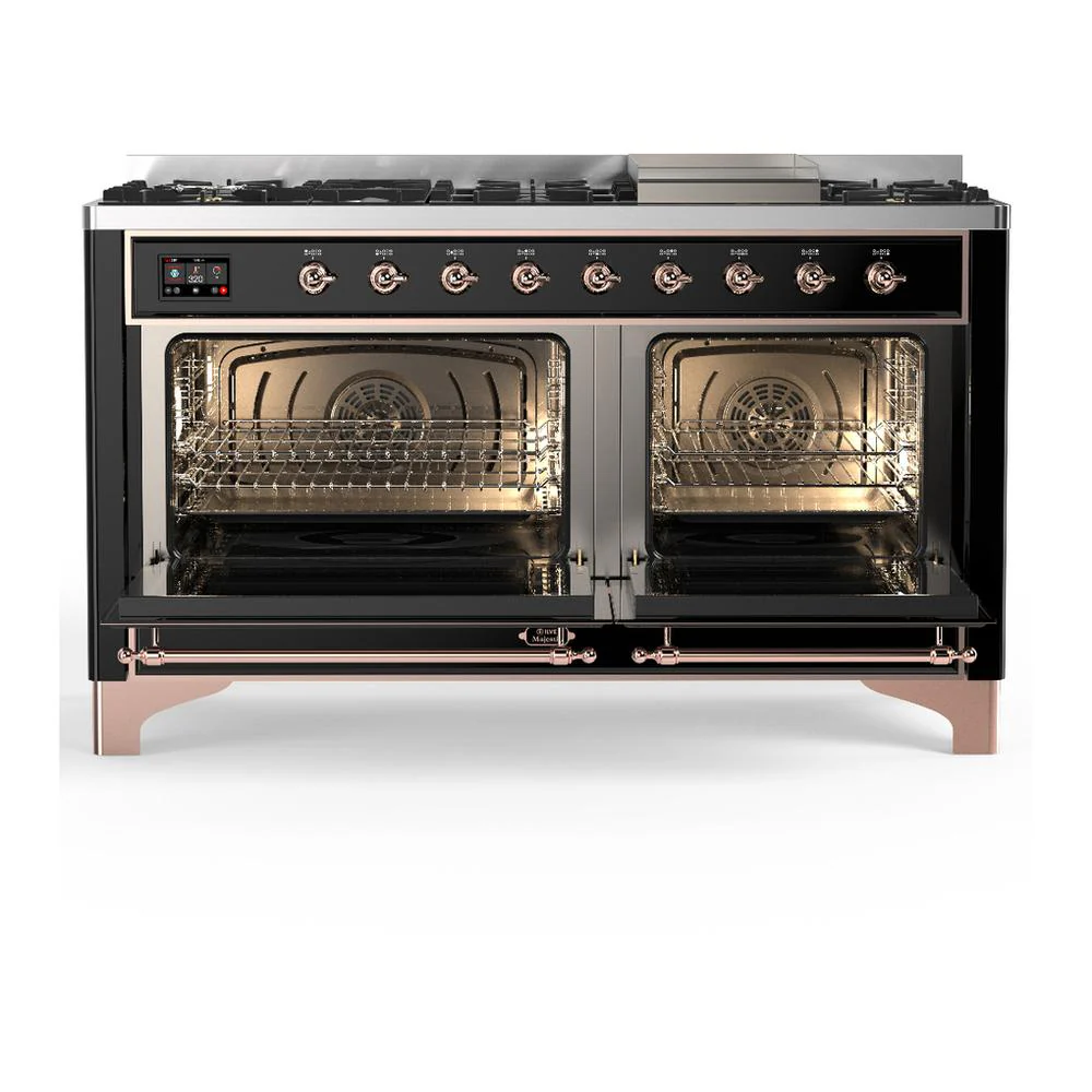 Ilve UM60FNR3BKPLP Ilve Um60Fnr3Bkplp Majestic Iii 60 Inch Dual Fuel Range With 9 Burners And Griddle, Dual Function Burner Up To 25,000 Btu (Liquid Propane, Triple Glass Door, Glossy Black, Copper) - Image 2