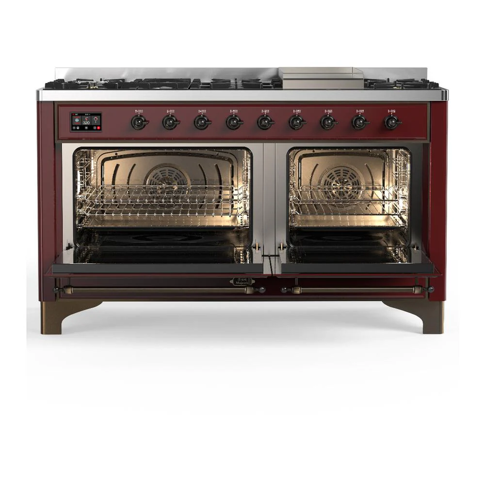 Ilve UM60FNR3BUB Ilve Um60Fnr3Bub Majestic Iii 60 Inch Dual Fuel Range With 9 Burners And Griddle, Dual Function Burner Up To 25,000 Btu (Natural Gas, Triple Glass Door, Burgundy, Burnished) - Image 2