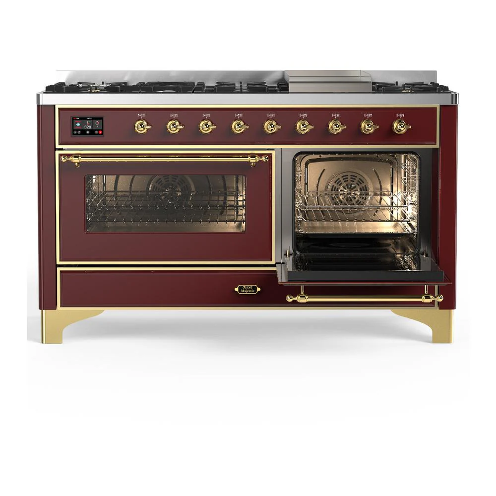 Ilve UM60FNR3BUG Ilve Um60Fnr3Bug Majestic Iii 60 Inch Dual Fuel Range With 9 Burners And Griddle, Dual Function Burner Up To 25,000 Btu (Natural Gas, Triple Glass Door, Burgundy, Brass) - Image 4