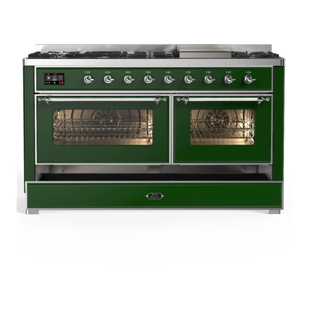 Ilve UM60FNR3EGC Ilve Um60Fnr3Egc Majestic Iii 60 Inch Dual Fuel Range With 9 Burners And Griddle, Dual Function Burner Up To 25,000 Btu (Natural Gas, Triple Glass Door, Emerald Green, Chrome) - Image 5