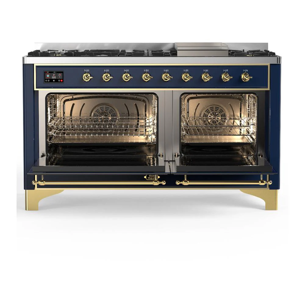 Ilve UM60FNR3MBG Ilve Um60Fnr3Mbg Majestic Iii 60 Inch Dual Fuel Range With 9 Burners And Griddle, Dual Function Burner Up To 25,000 Btu (Natural Gas, Triple Glass Door, Midnight Blue, Brass) - Image 2