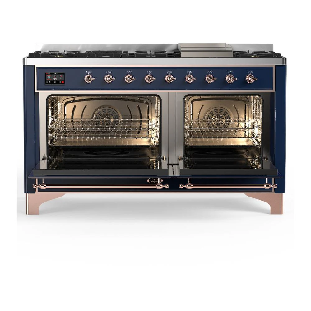 Ilve UM60FNR3MBPLP Ilve Um60Fnr3Mbplp Majestic Iii 60 Inch Dual Fuel Range With 9 Burners And Griddle, Dual Function Burner Up To 25,000 Btu (Liquid Propane, Triple Glass Door, Midnight Blue, Copper) - Image 2