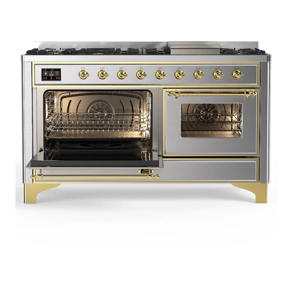 Ilve UM60FNR3SSGLP Ilve Um60Fnr3Ssglp Majestic Iii 60 Inch Dual Fuel Range With 9 Burners And Griddle, Dual Function Burner Up To 25,000 Btu (Liquid Propane, Triple Glass Door, Stainless Steel, Brass) - Image 3