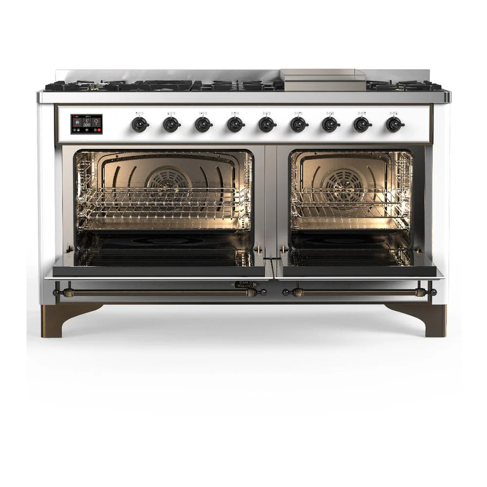 Ilve UM60FNR3WHB Ilve Um60Fnr3Whb Majestic Iii 60 Inch Dual Fuel Range With 9 Burners And Griddle, Dual Function Burner Up To 25,000 Btu (Natural Gas, Triple Glass Door, White, Burnished) - Image 2