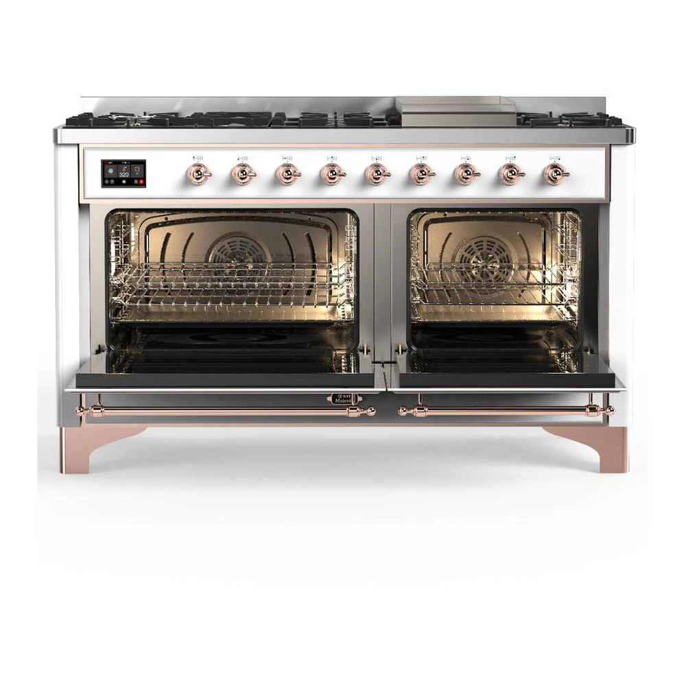 Ilve UM60FNR3WHPLP Ilve Um60Fnr3Whplp Majestic Iii 60 Inch Dual Fuel Range With 9 Burners And Griddle, Dual Function Burner Up To 25,000 Btu (Liquid Propane, Triple Glass Door, White, Copper) - Image 2