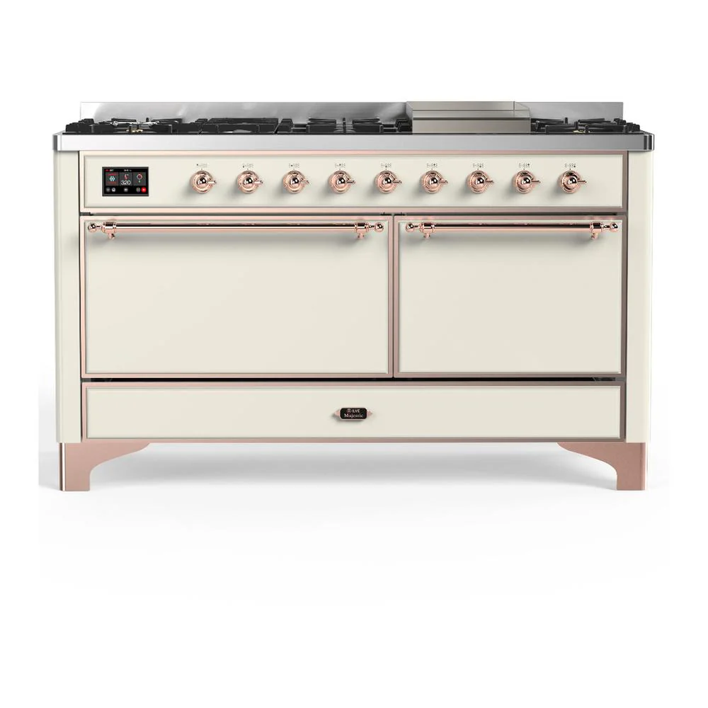 Ilve UM60FQNR3AWP Ilve Um60Fqnr3Awp Majestic Iii 60 Inch Dual Fuel Range With 9 Burners And Griddle, Dual Function Burner Up To 25,000 Btu (Natural Gas, Solid Door, Antique White, Copper)
