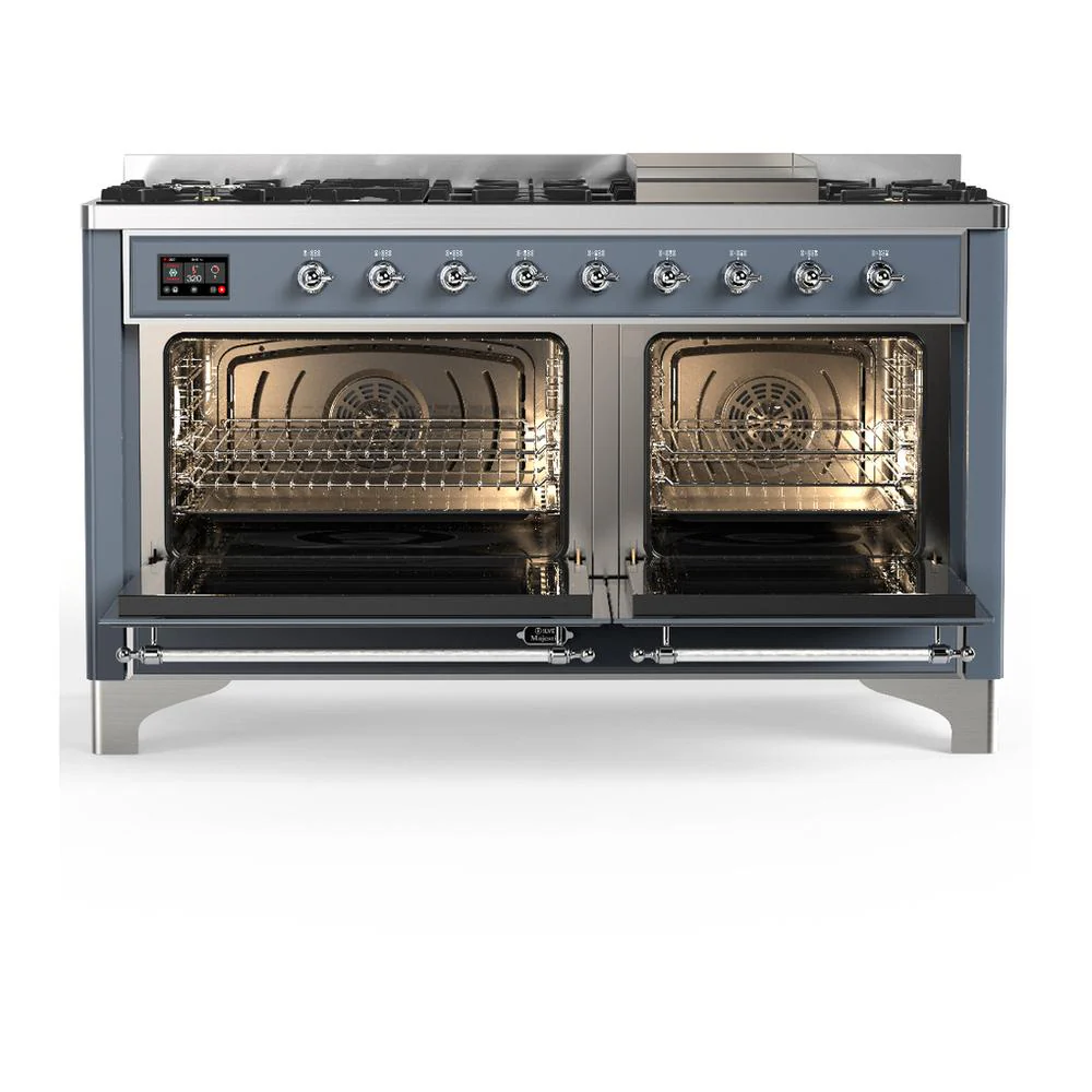 Ilve UM60FQNR3BGCLP Ilve Um60Fqnr3Bgclp Majestic Iii 60 Inch Dual Fuel Range With 9 Burners And Griddle, Dual Function Burner Up To 25,000 Btu (Liquid Propane, Solid Door, Blue Grey, Chrome) - Image 2