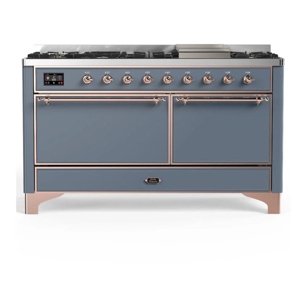 Ilve UM60FQNR3BGPLP Ilve Um60Fqnr3Bgplp Majestic Iii 60 Inch Dual Fuel Range With 9 Burners And Griddle, Dual Function Burner Up To 25,000 Btu (Liquid Propane, Solid Door, Blue Grey, Copper)