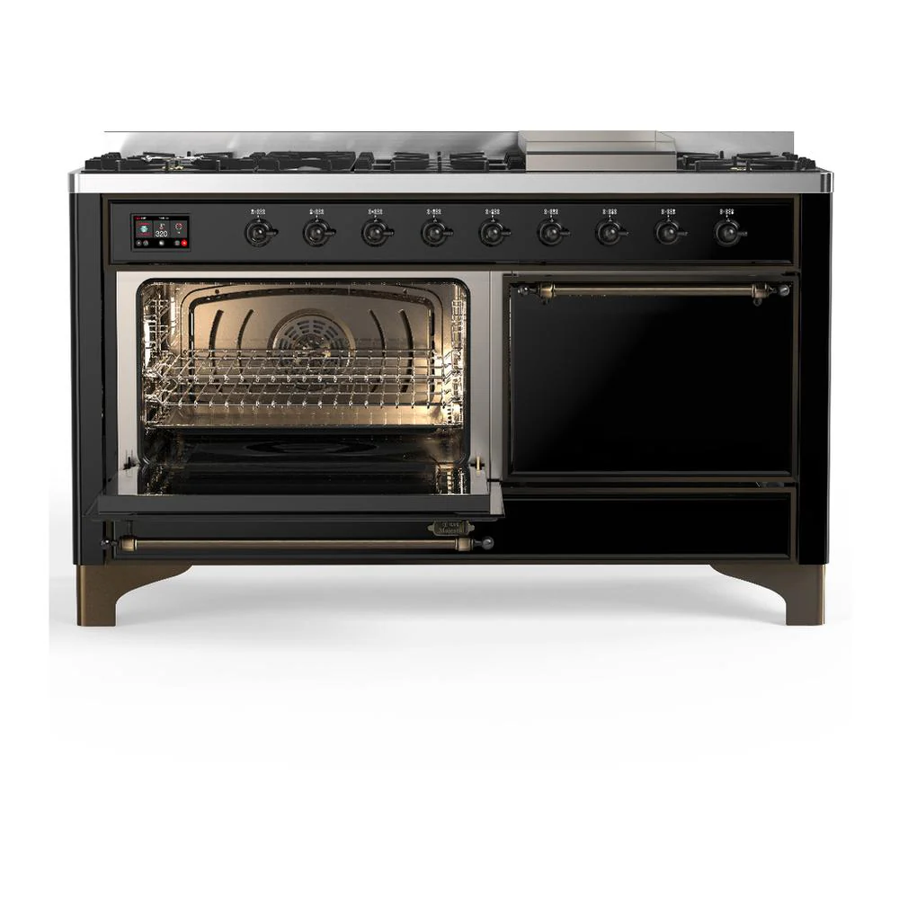 Ilve UM60FQNR3BKB Ilve Um60Fqnr3Bkb Majestic Iii 60 Inch Dual Fuel Range With 9 Burners And Griddle, Dual Function Burner Up To 25,000 Btu (Natural Gas, Solid Door, Glossy Black, Burnished) - Image 3