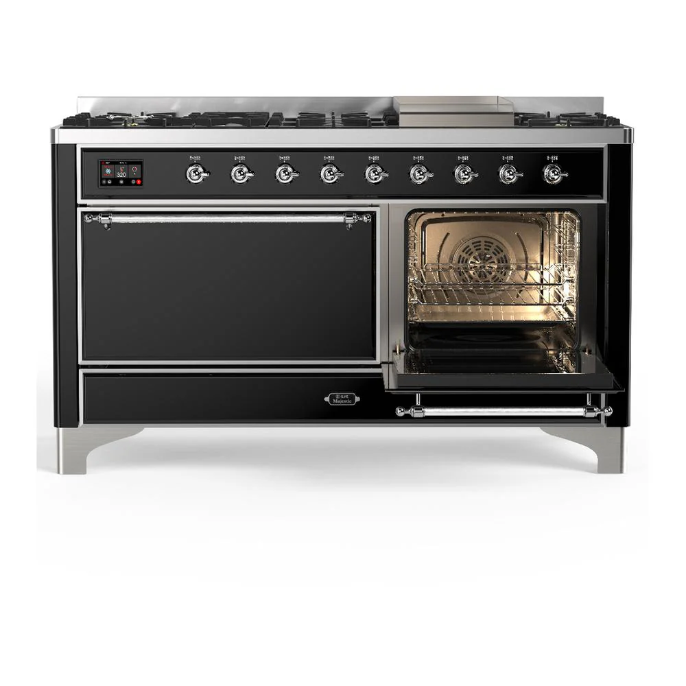 Ilve UM60FQNR3BKCLP Ilve Um60Fqnr3Bkclp Majestic Iii 60 Inch Dual Fuel Range With 9 Burners And Griddle, Dual Function Burner Up To 25,000 Btu (Liquid Propane, Solid Door, Glossy Black, Chrome) - Image 4