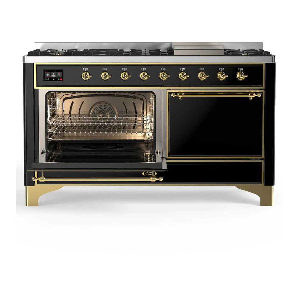 Ilve UM60FQNR3BKG Ilve Um60Fqnr3Bkg Majestic Iii 60 Inch Dual Fuel Range With 9 Burners And Griddle, Dual Function Burner Up To 25,000 Btu (Natural Gas, Solid Door, Glossy Black, Brass) - Image 3