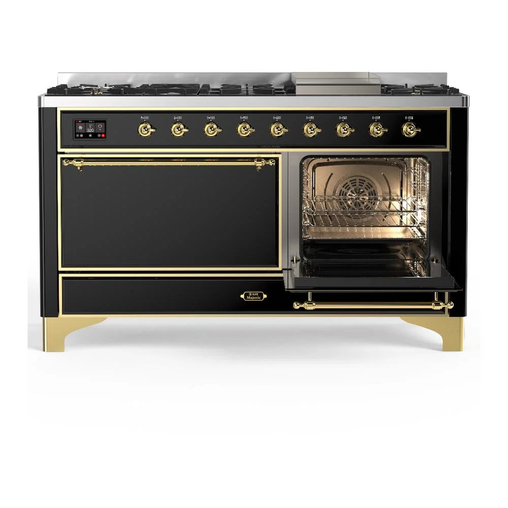 Ilve UM60FQNR3BKGLP Ilve Um60Fqnr3Bkglp Majestic Iii 60 Inch Dual Fuel Range With 9 Burners And Griddle, Dual Function Burner Up To 25,000 Btu (Liquid Propane, Solid Door, Glossy Black, Brass) - Image 4