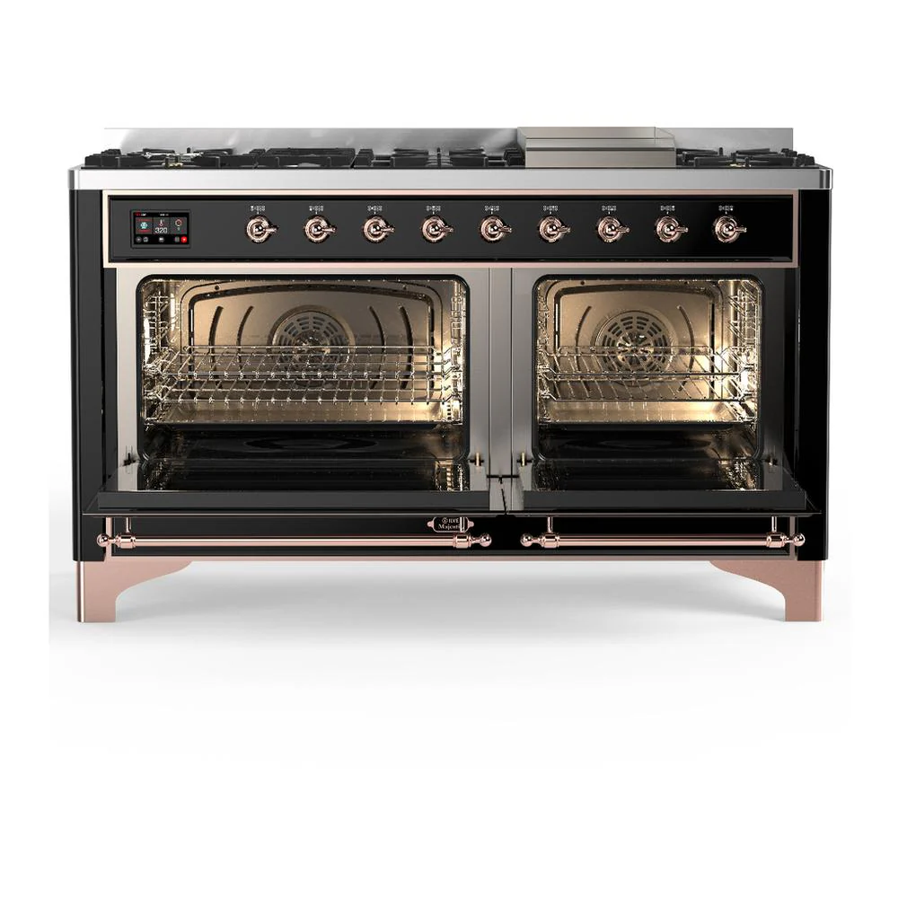 Ilve UM60FQNR3BKPLP Ilve Um60Fqnr3Bkplp Majestic Iii 60 Inch Dual Fuel Range With 9 Burners And Griddle, Dual Function Burner Up To 25,000 Btu (Liquid Propane, Solid Door, Glossy Black, Copper) - Image 2