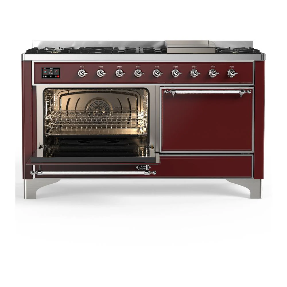 Ilve UM60FQNR3BUC Ilve Um60Fqnr3Buc Majestic Iii 60 Inch Dual Fuel Range With 9 Burners And Griddle, Dual Function Burner Up To 25,000 Btu (Natural Gas, Solid Door, Burgundy, Chrome) - Image 3