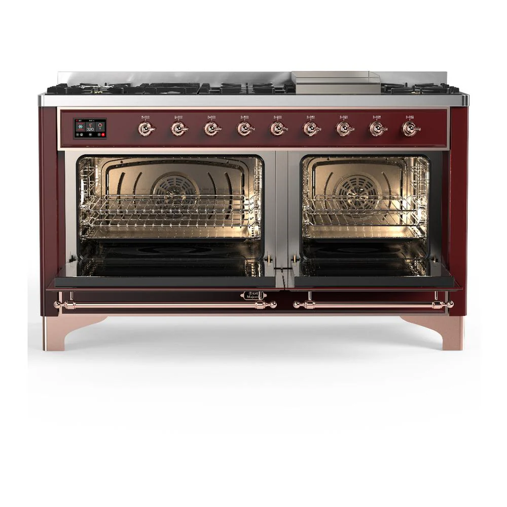 Ilve UM60FQNR3BUP Ilve Um60Fqnr3Bup Majestic Iii 60 Inch Dual Fuel Range With 9 Burners And Griddle, Dual Function Burner Up To 25,000 Btu (Natural Gas, Solid Door, Burgundy, Copper) - Image 2