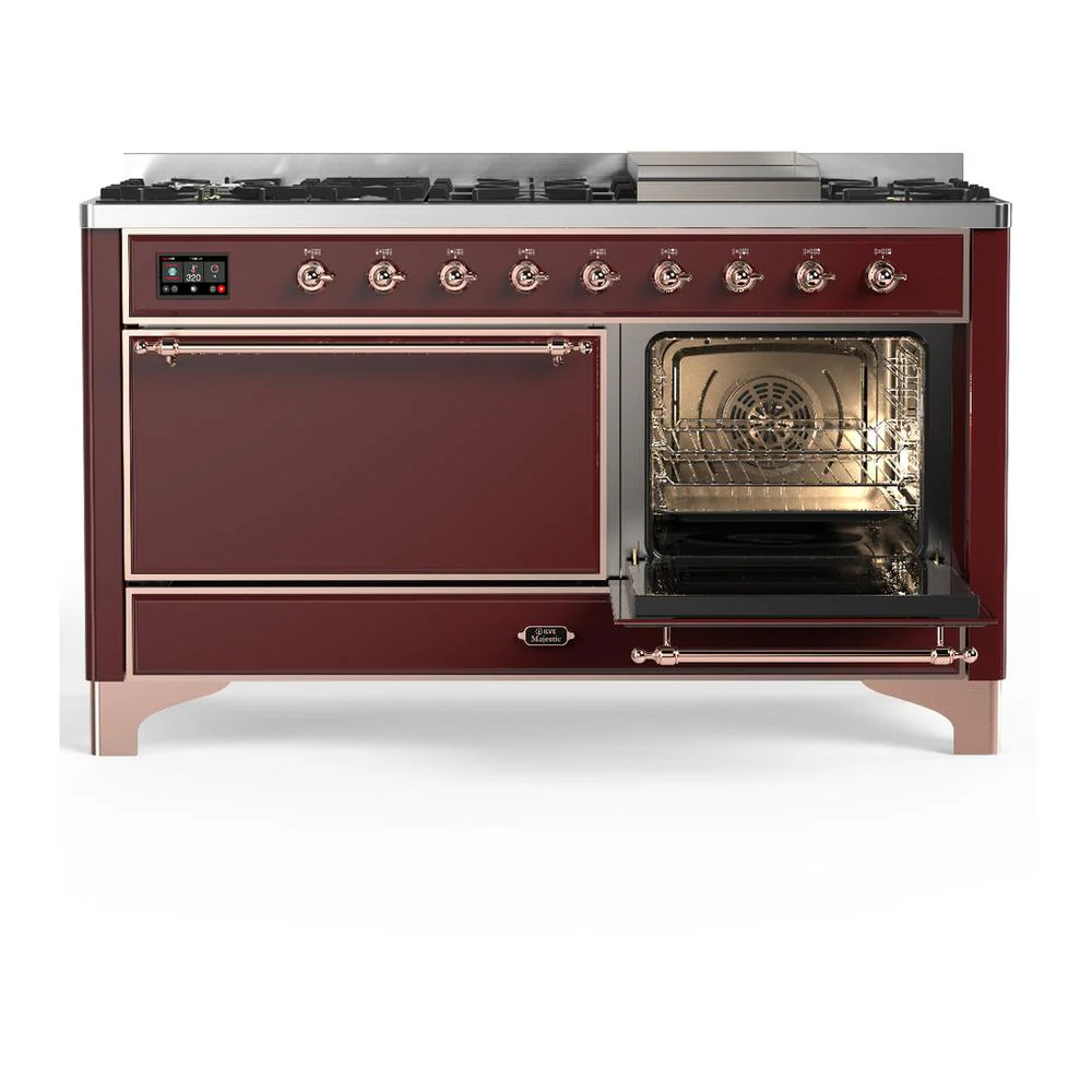 Ilve UM60FQNR3BUP Ilve Um60Fqnr3Bup Majestic Iii 60 Inch Dual Fuel Range With 9 Burners And Griddle, Dual Function Burner Up To 25,000 Btu (Natural Gas, Solid Door, Burgundy, Copper) - Image 4