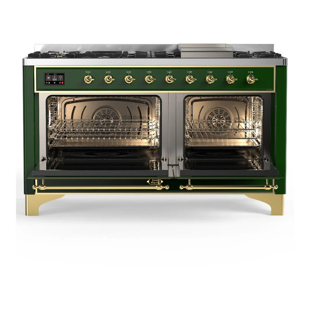 Ilve UM60FQNR3EGGLP Ilve Um60Fqnr3Egglp Majestic Iii 60 Inch Dual Fuel Range With 9 Burners And Griddle, Dual Function Burner Up To 25,000 Btu (Liquid Propane, Solid Door, Emerald Green, Brass) - Image 2