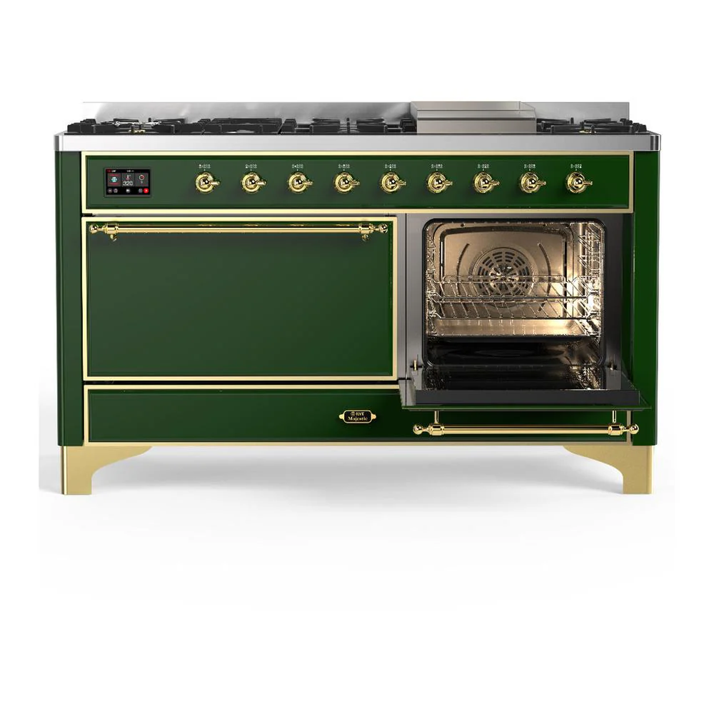 Ilve UM60FQNR3EGGLP Ilve Um60Fqnr3Egglp Majestic Iii 60 Inch Dual Fuel Range With 9 Burners And Griddle, Dual Function Burner Up To 25,000 Btu (Liquid Propane, Solid Door, Emerald Green, Brass) - Image 4