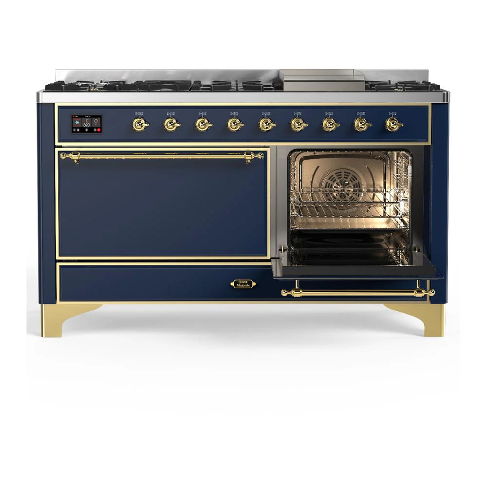 Ilve UM60FQNR3MBGLP Ilve Um60Fqnr3Mbglp Majestic Iii 60 Inch Dual Fuel Range With 9 Burners And Griddle, Dual Function Burner Up To 25,000 Btu (Liquid Propane, Solid Door, Midnight Blue, Brass) - Image 4