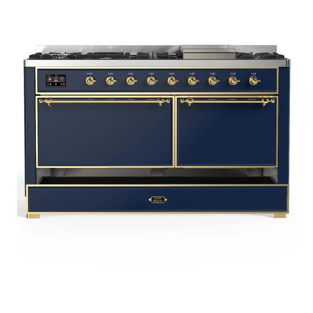 Ilve UM60FQNR3MBGLP Ilve Um60Fqnr3Mbglp Majestic Iii 60 Inch Dual Fuel Range With 9 Burners And Griddle, Dual Function Burner Up To 25,000 Btu (Liquid Propane, Solid Door, Midnight Blue, Brass) - Image 5