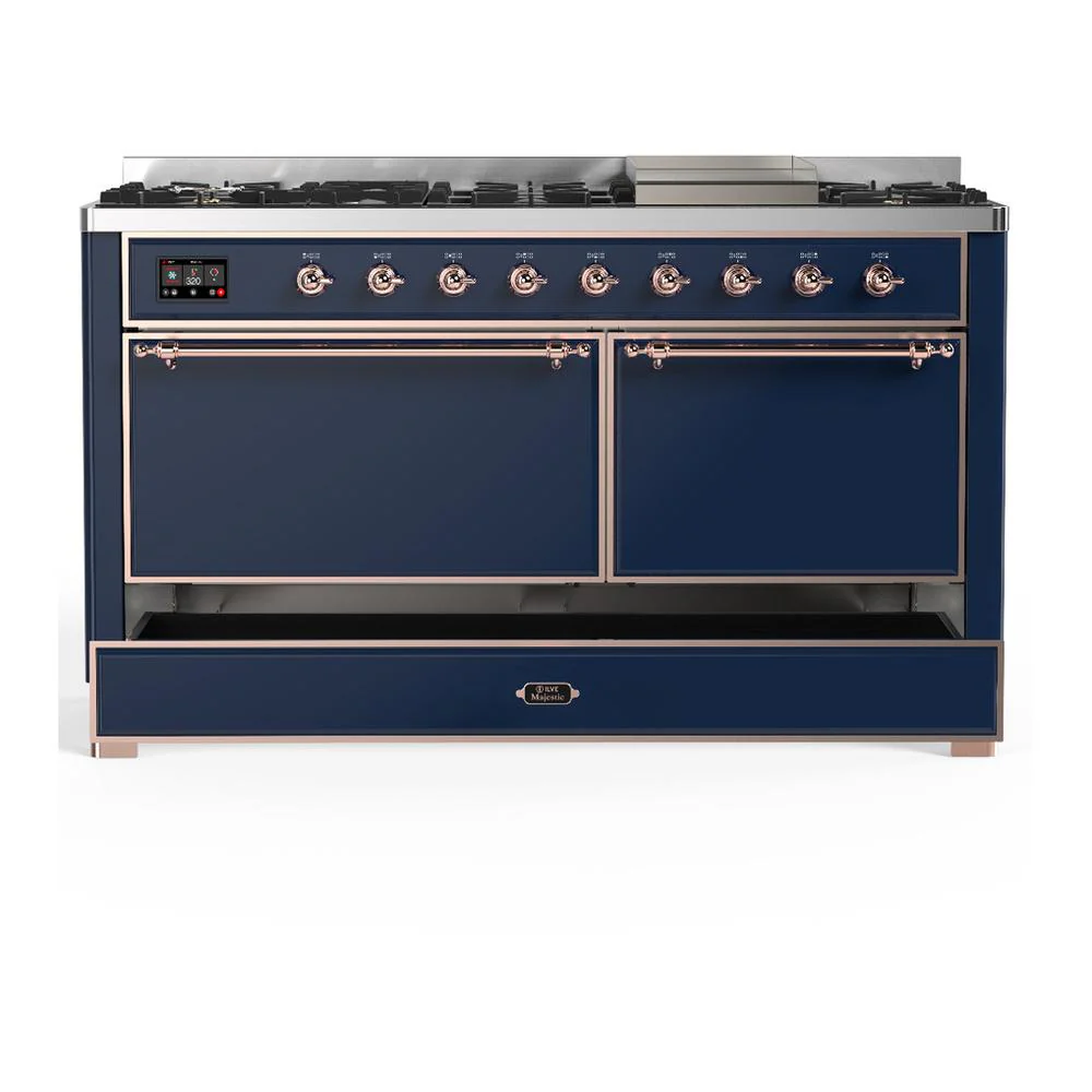 Ilve UM60FQNR3MBPLP Ilve Um60Fqnr3Mbplp Majestic Iii 60 Inch Dual Fuel Range With 9 Burners And Griddle, Dual Function Burner Up To 25,000 Btu (Liquid Propane, Solid Door, Midnight Blue, Copper) - Image 5