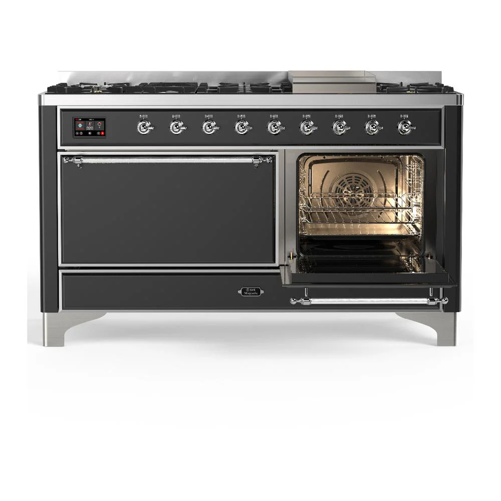 Ilve UM60FQNR3MGCLP Ilve Um60Fqnr3Mgclp Majestic Iii 60 Inch Dual Fuel Range With 9 Burners And Griddle, Dual Function Burner Up To 25,000 Btu (Liquid Propane, Solid Door, Graphite Matte, Chrome) - Image 4