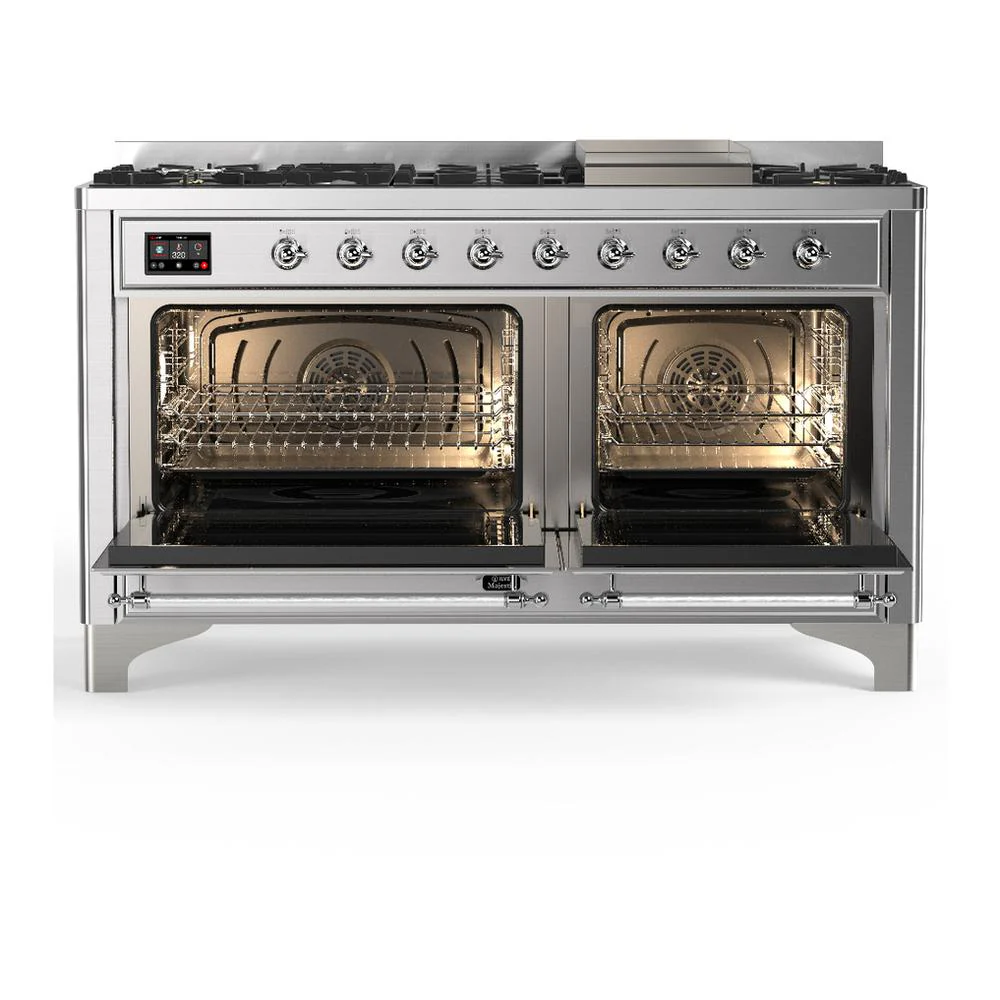 Ilve UM60FQNR3SSCLP Ilve Um60Fqnr3Ssclp Majestic Iii 60 Inch Dual Fuel Range With 9 Burners And Griddle, Dual Function Burner Up To 25,000 Btu (Liquid Propane, Solid Door, Stainless Steel, Chrome) - Image 2