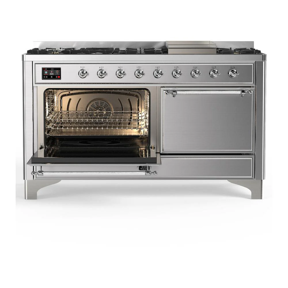 Ilve UM60FQNR3SSCLP Ilve Um60Fqnr3Ssclp Majestic Iii 60 Inch Dual Fuel Range With 9 Burners And Griddle, Dual Function Burner Up To 25,000 Btu (Liquid Propane, Solid Door, Stainless Steel, Chrome) - Image 3