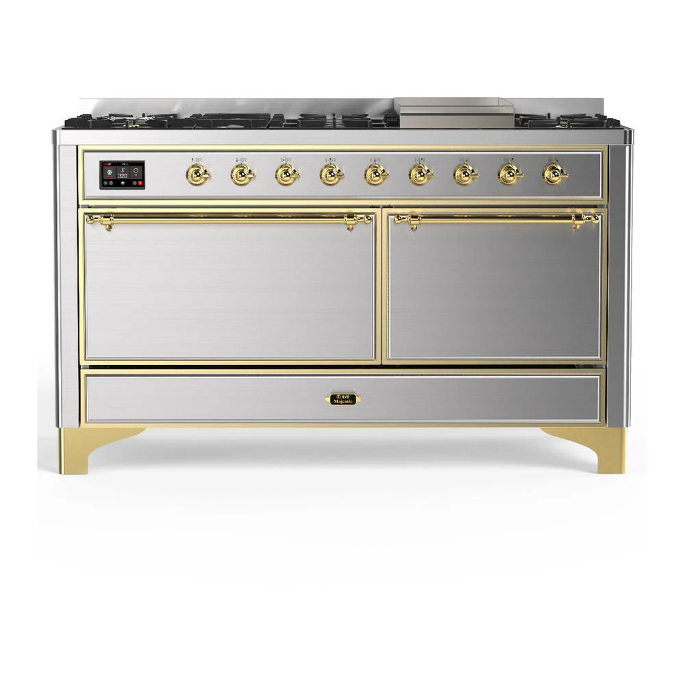 Ilve UM60FQNR3SSGLP Ilve Um60Fqnr3Ssglp Majestic Iii 60 Inch Dual Fuel Range With 9 Burners And Griddle, Dual Function Burner Up To 25,000 Btu (Liquid Propane, Solid Door, Stainless Steel, Brass)