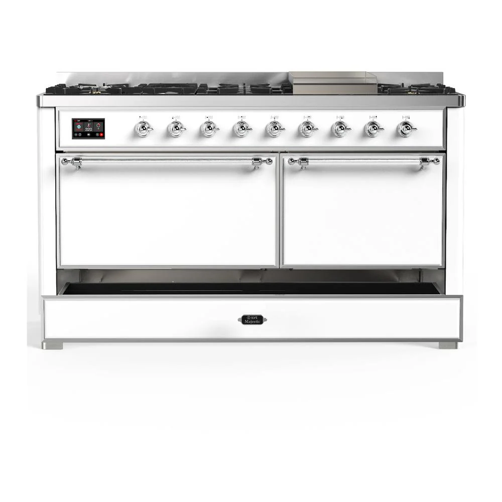 Ilve UM60FQNR3WHCLP Ilve Um60Fqnr3Whclp Majestic Iii 60 Inch Dual Fuel Range With 9 Burners And Griddle, Dual Function Burner Up To 25,000 Btu (Liquid Propane, Solid Door, White, Chrome) - Image 5