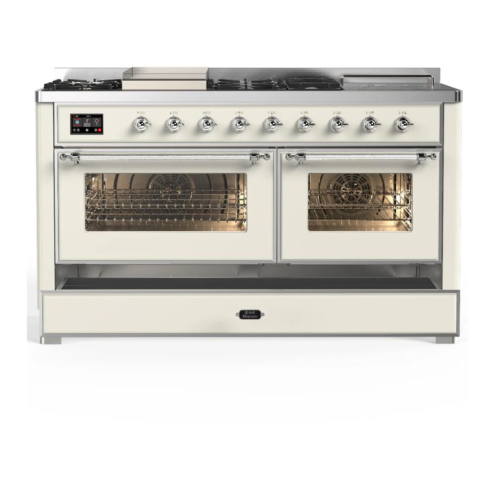 Ilve UM60FSNR3AWC Ilve Um60Fsnr3Awc Majestic Iii 60 Inch Dual Fuel Range With 7 Burners, Griddle And French Top, Dual Function Burner With Up To 25,000 Btu (Natural Gas, Triple Glass Door, Antique White, Chrome) - Image 5