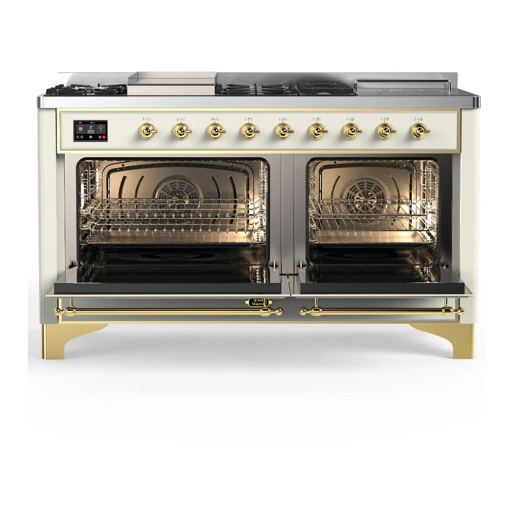 Ilve UM60FSNR3AWG Ilve Um60Fsnr3Awg Majestic Iii 60 Inch Dual Fuel Range With 7 Burners, Griddle And French Top, Dual Function Burner With Up To 25,000 Btu (Natural Gas, Triple Glass Door, Antique White, Brass) - Image 2
