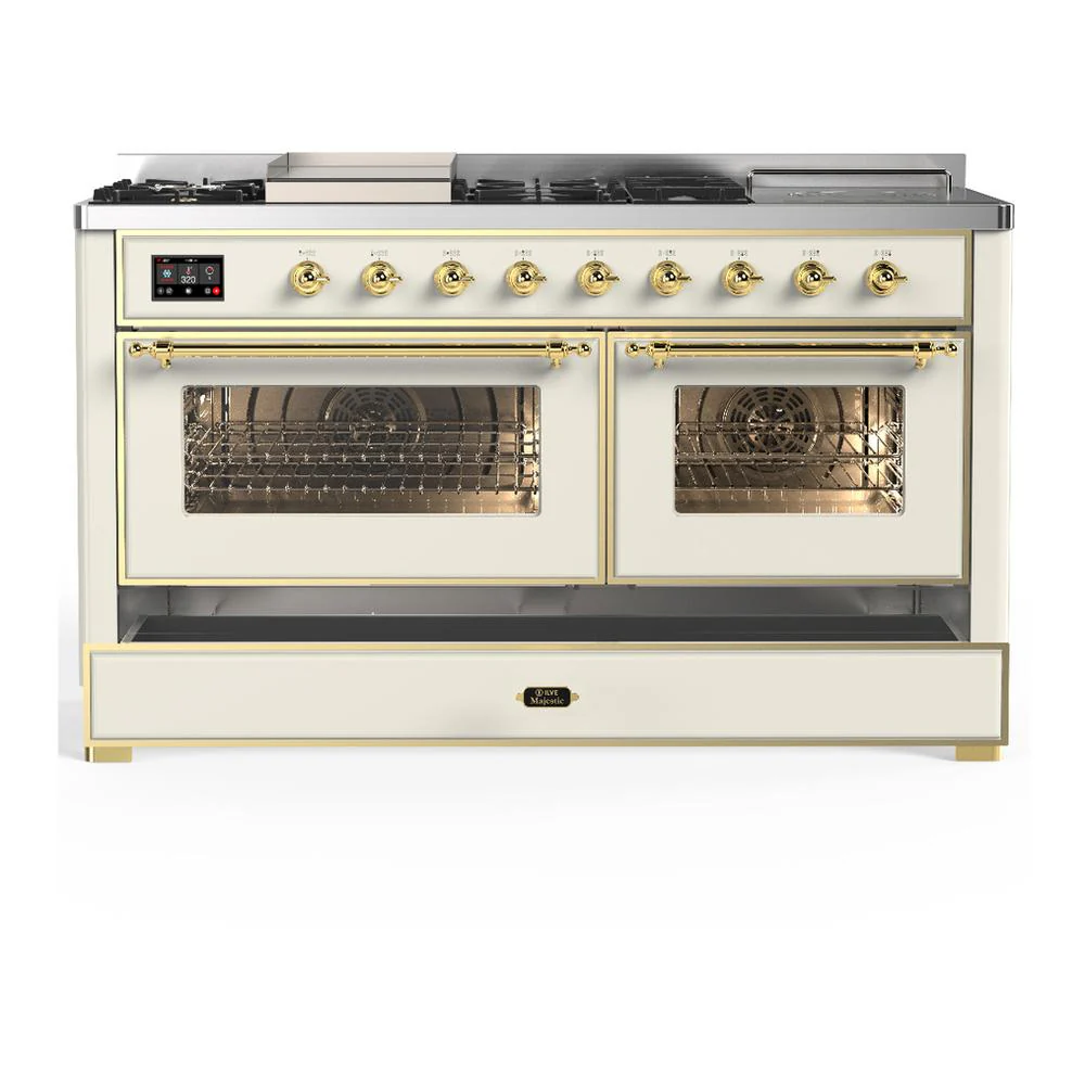 Ilve UM60FSNR3AWG Ilve Um60Fsnr3Awg Majestic Iii 60 Inch Dual Fuel Range With 7 Burners, Griddle And French Top, Dual Function Burner With Up To 25,000 Btu (Natural Gas, Triple Glass Door, Antique White, Brass) - Image 5