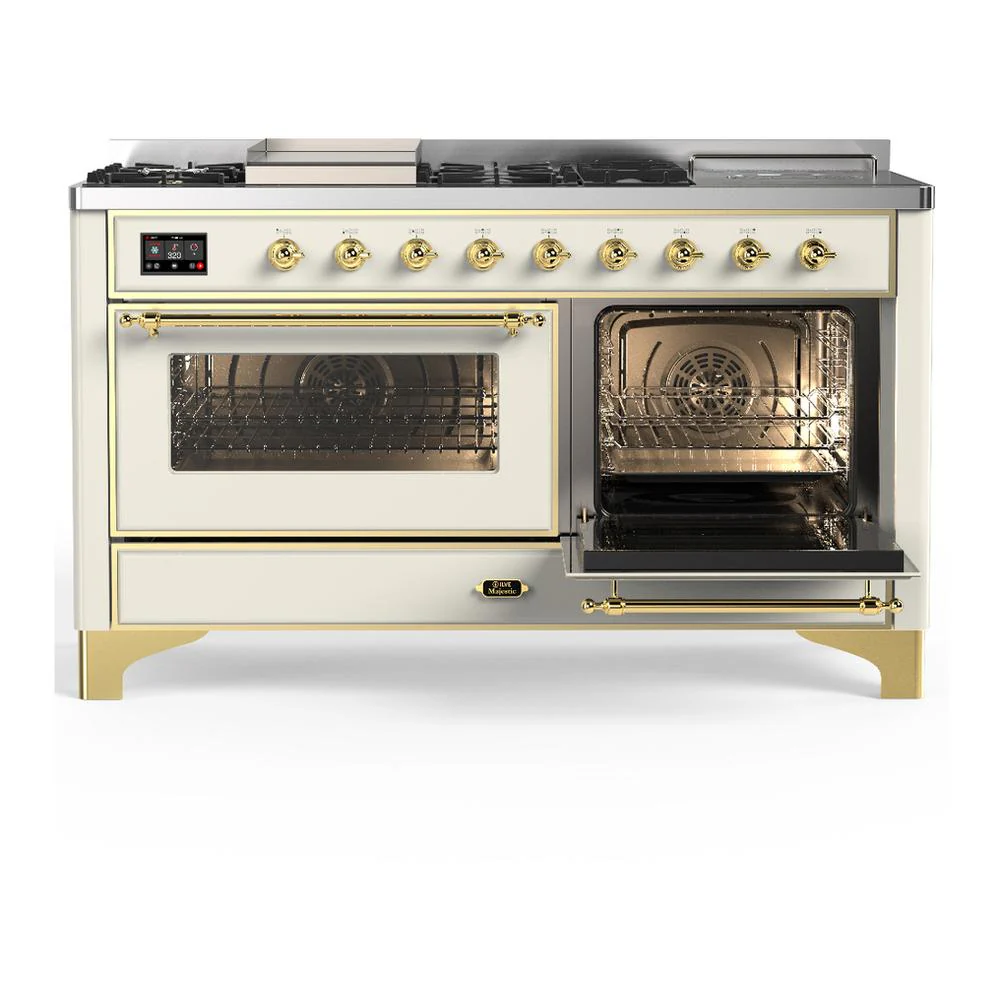 Ilve UM60FSNR3AWGLP Ilve Um60Fsnr3Awglp Majestic Iii 60 Inch Dual Fuel Range With 7 Burners, Griddle And French Top, Dual Function Burner With Up To 25,000 Btu (Liquid Propane, Triple Glass Door, Antique White, Brass) - Image 4