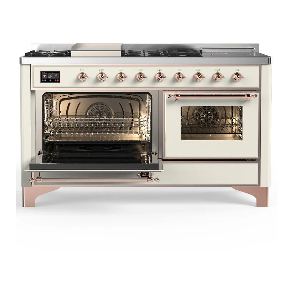 Ilve UM60FSNR3AWP Ilve Um60Fsnr3Awp Majestic Iii 60 Inch Dual Fuel Range With 7 Burners, Griddle And French Top, Dual Function Burner With Up To 25,000 Btu (Natural Gas, Triple Glass Door, Antique White, Copper) - Image 3